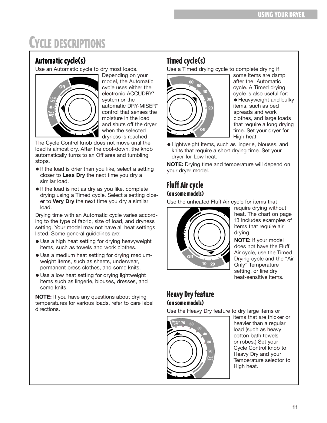 Whirlpool 8280527 warranty Cycle Descriptions, Automatic cycles, Timed cycles, Fluff Air cycle, Heavy Dry feature 