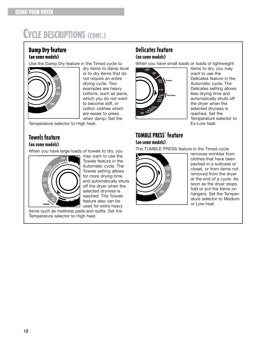 Whirlpool 8280527 warranty Damp Dry feature, Delicates feature, Towels feature, Tumble PRESS* feature 