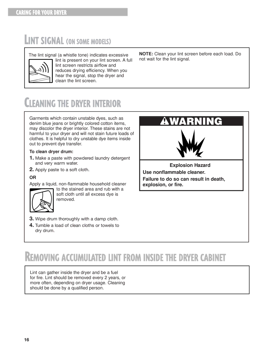 Whirlpool 8280527 warranty Cleaning the Dryer Interior, To clean dryer drum 