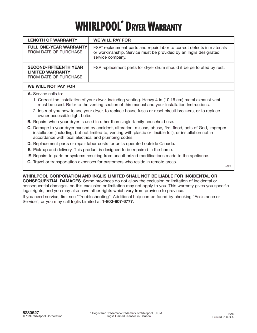 Whirlpool 8280527 warranty Service company, Service calls to 