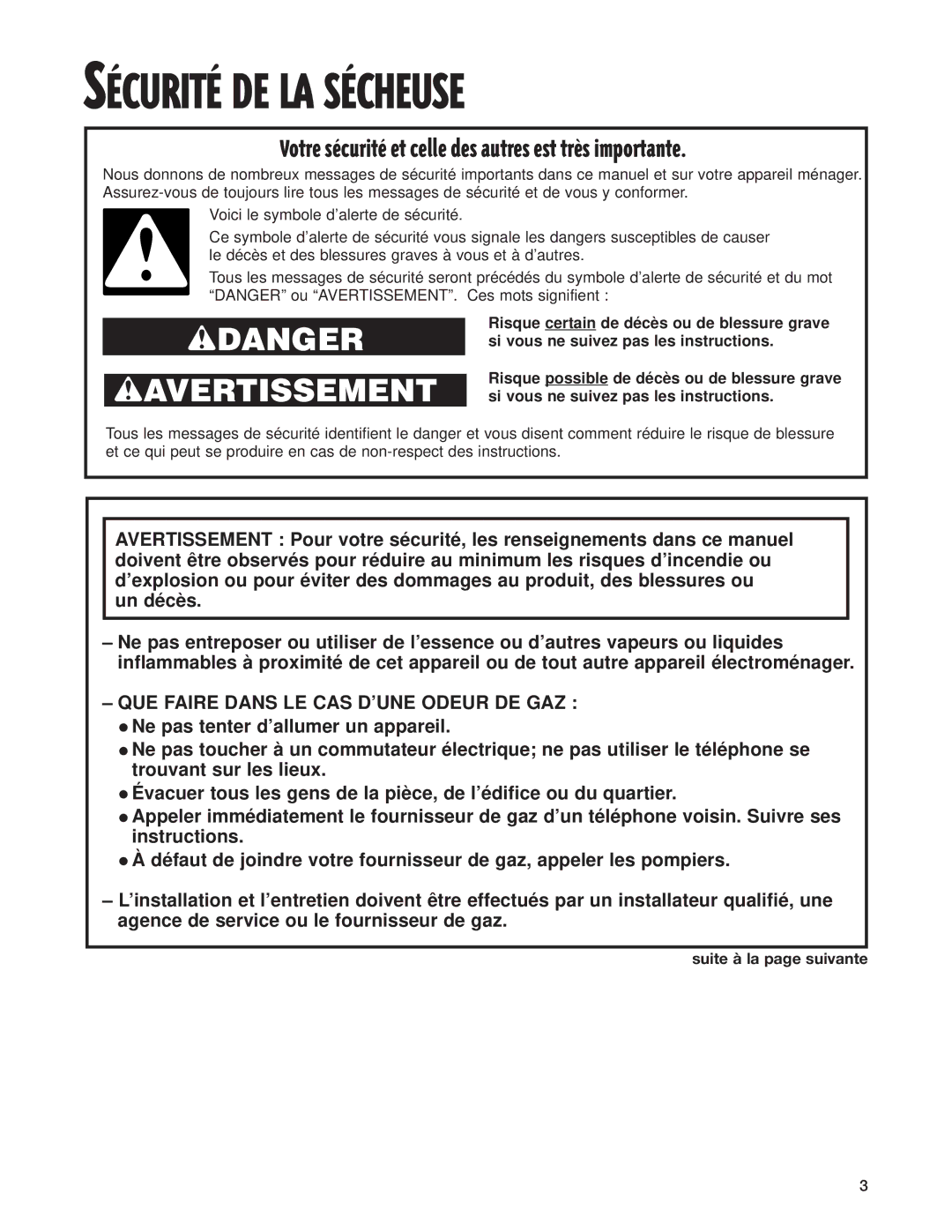 Whirlpool 8280527 warranty SƒCURITƒ DE LA SƒCHEUSE, Suite à la page suivante 