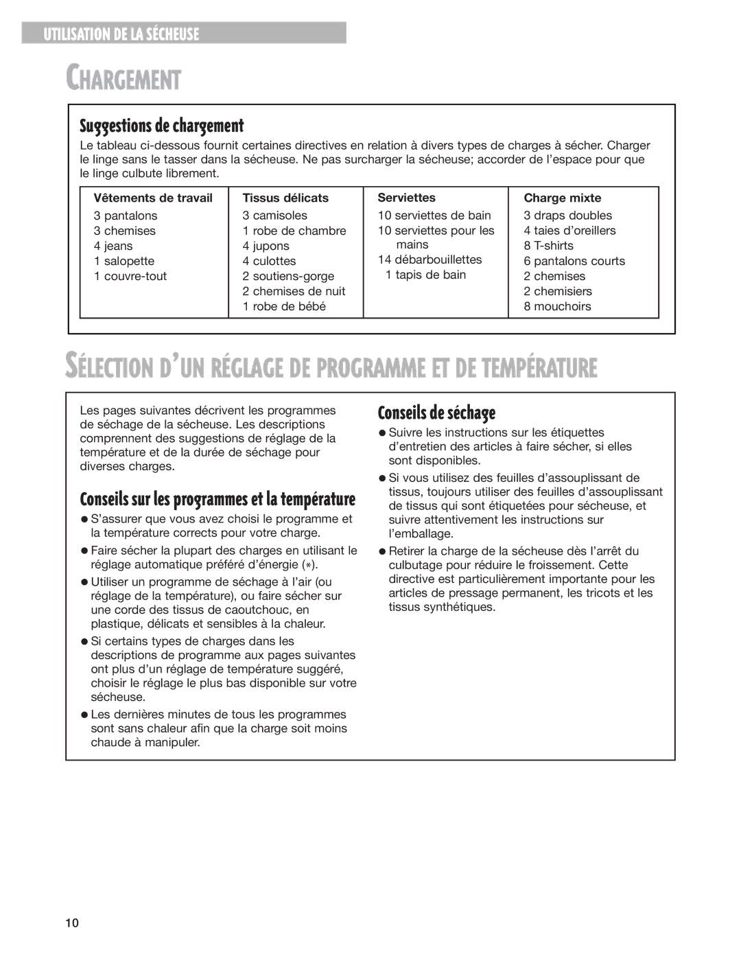 Whirlpool 8280527 warranty Chargement, Suggestions de chargement, Conseils de sŽchage 