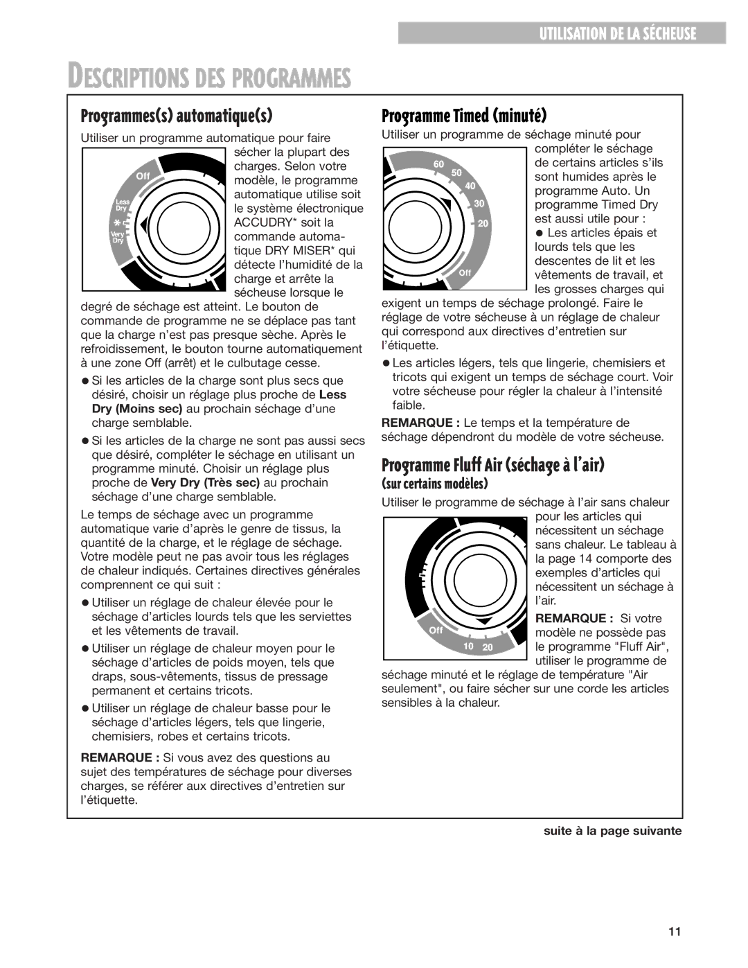 Whirlpool 8280527 warranty Descriptions DES Programmes, Programme Timed minutŽ, Remarque Si votre 