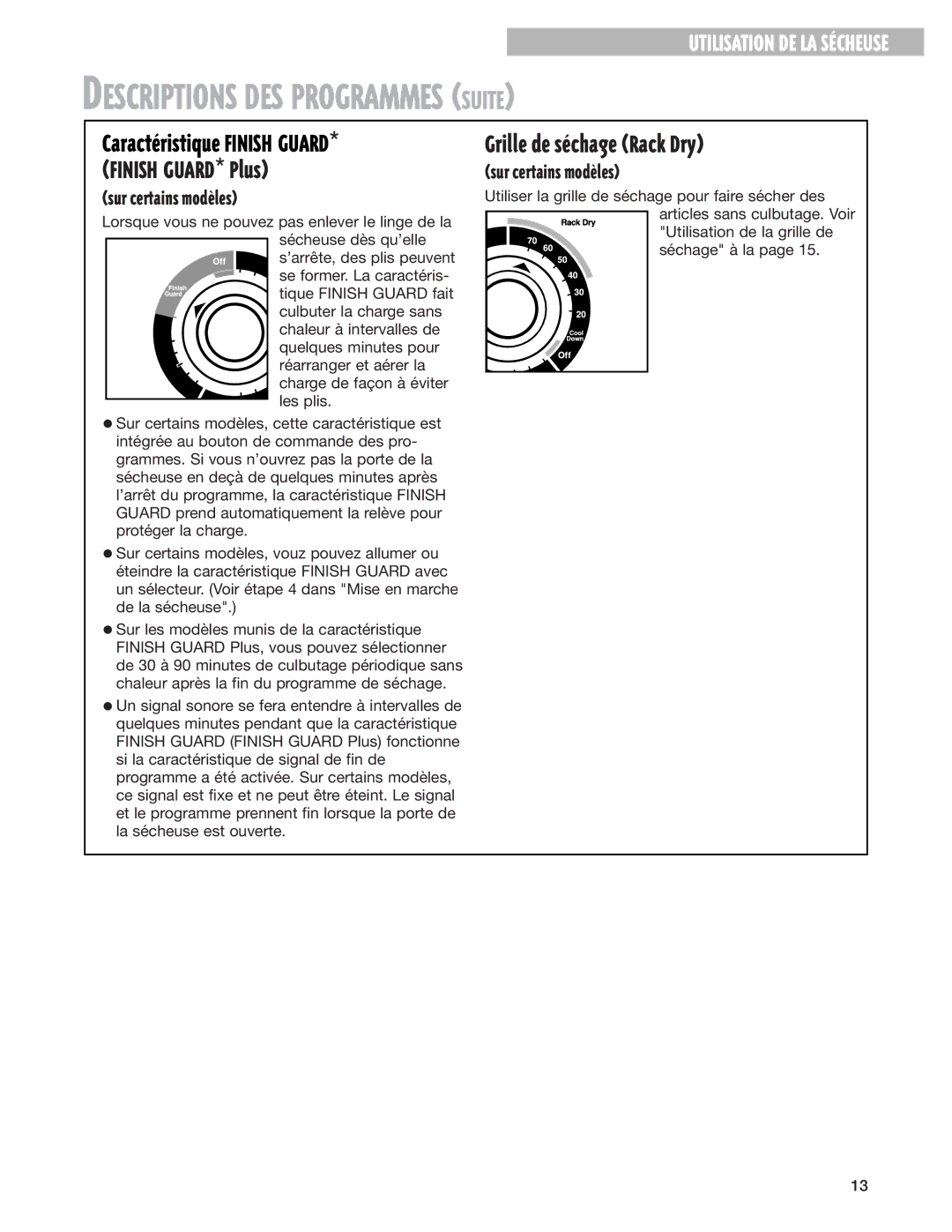 Whirlpool 8280527 warranty Descriptions DES Programmes Suite, Finish GUARD* Plus, Grille de sŽchage Rack Dry 