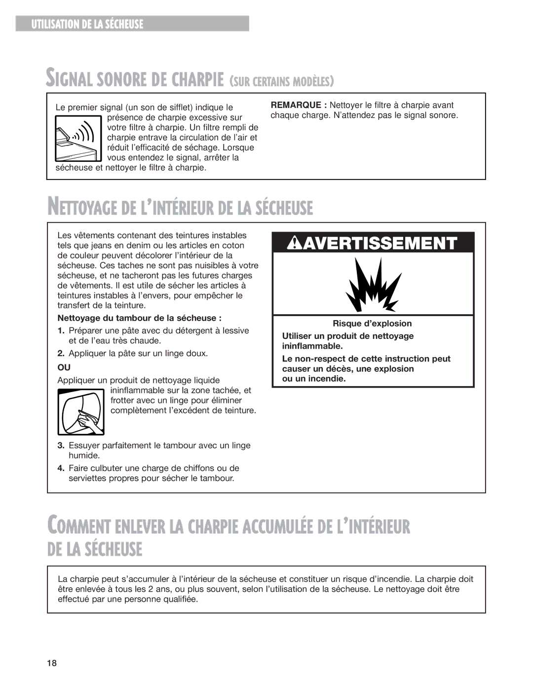 Whirlpool 8280527 warranty Signal Sonore DE Charpie SUR Certains MODéLES, Nettoyage du tambour de la sécheuse 