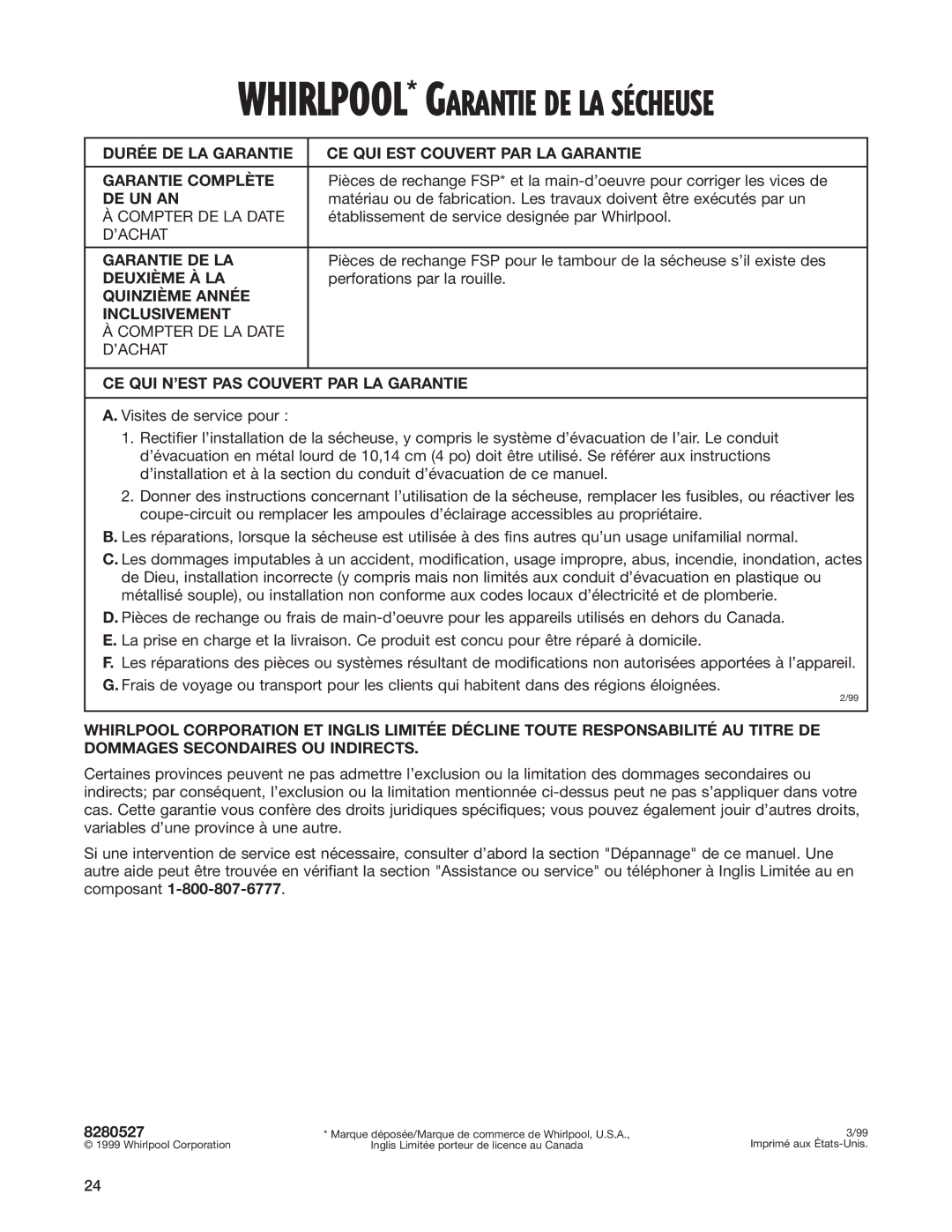 Whirlpool 8280527 warranty WHIRLPOOL* Garantie DE LA SƒCHEUSE 