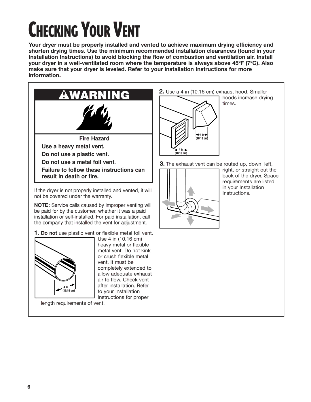 Whirlpool 8280527 warranty Checking Your Vent, Wwarning 