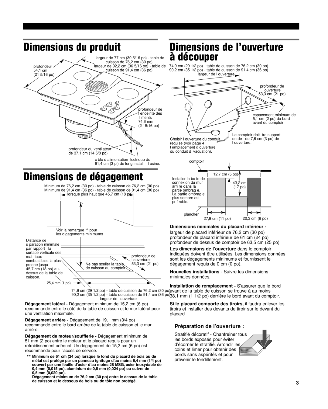 Whirlpool 8285116 Dimensions du produit, Dimensions de l’ouverture à découper, Dimensions de dégagement 