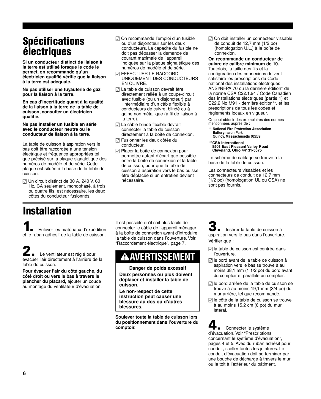 Whirlpool 8285116 Spécifications Électriques,  Effectuer LE Raccord Uniquement DES Conducteurs EN Cuivre 