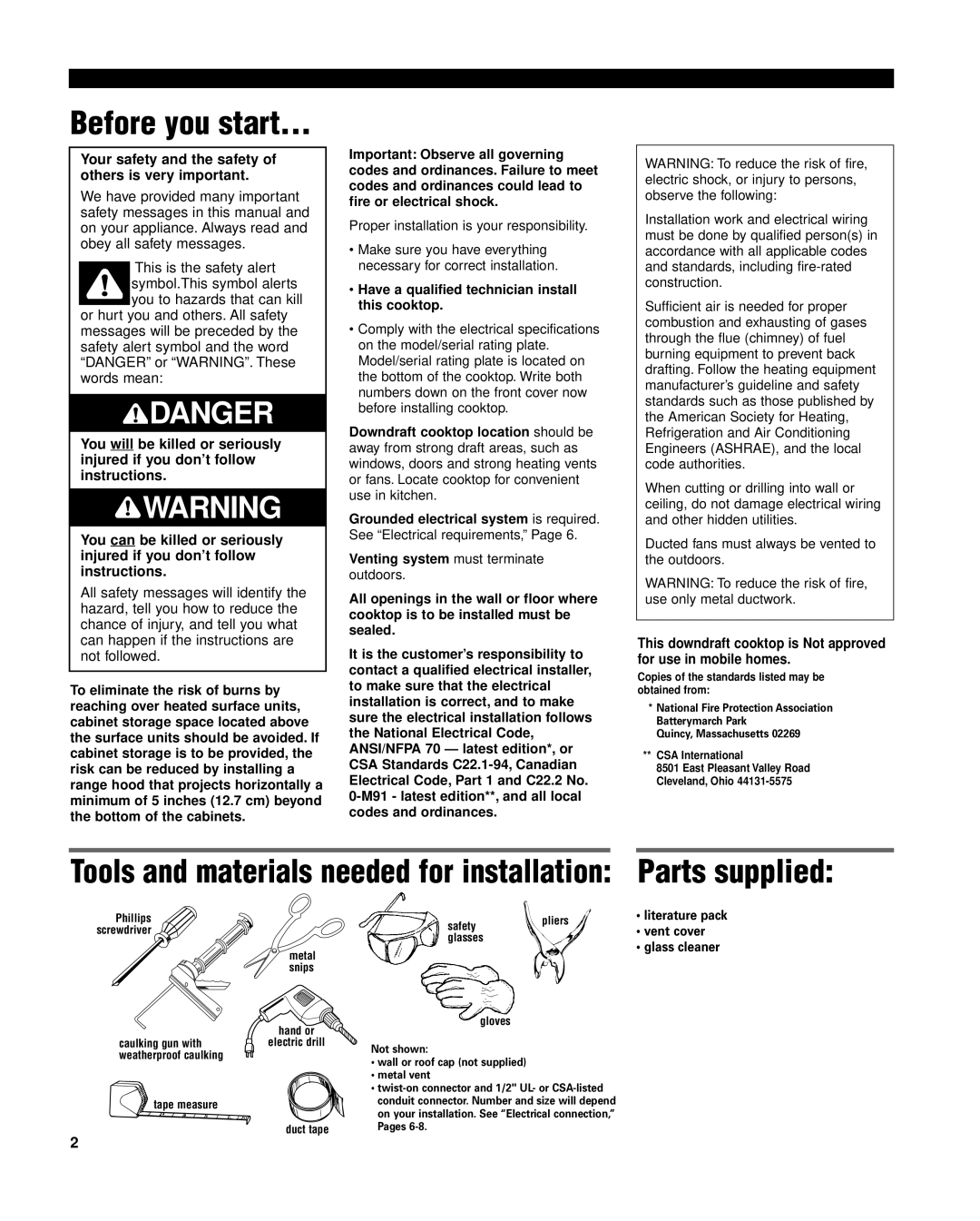 Whirlpool 8285116 Before you start, Parts supplied, Your safety and the safety of others is very important 