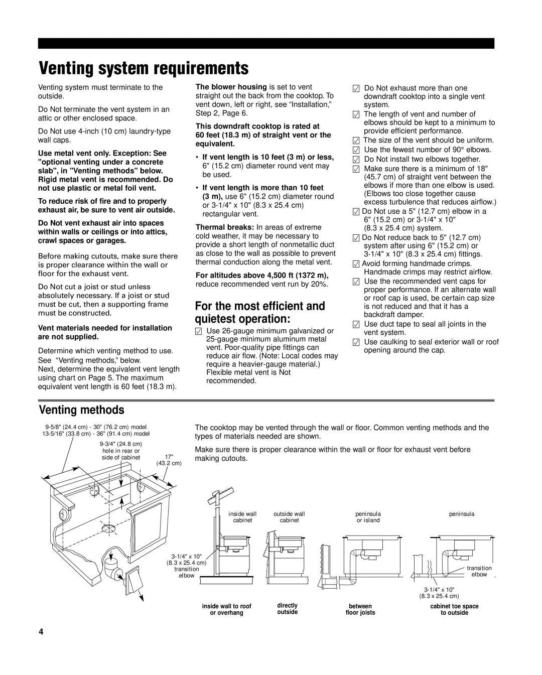 Whirlpool 8285116 Venting system requirements, For the most efficient and quietest operation, Venting methods 