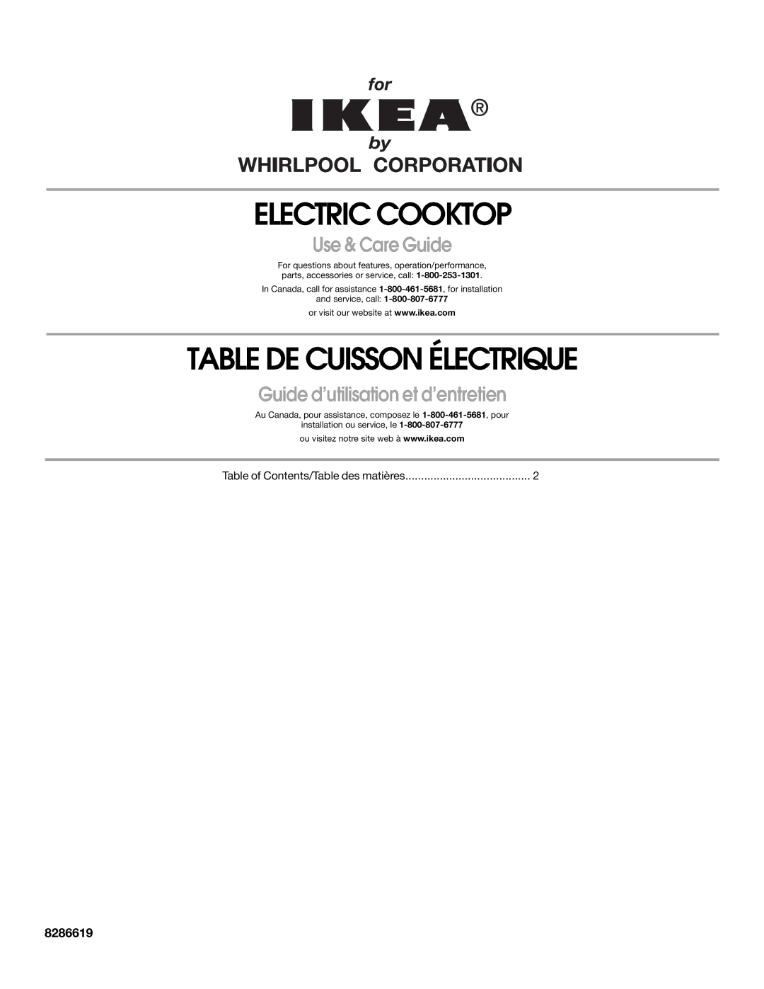 Whirlpool 8286619 manual Table of Contents/Table des matières 