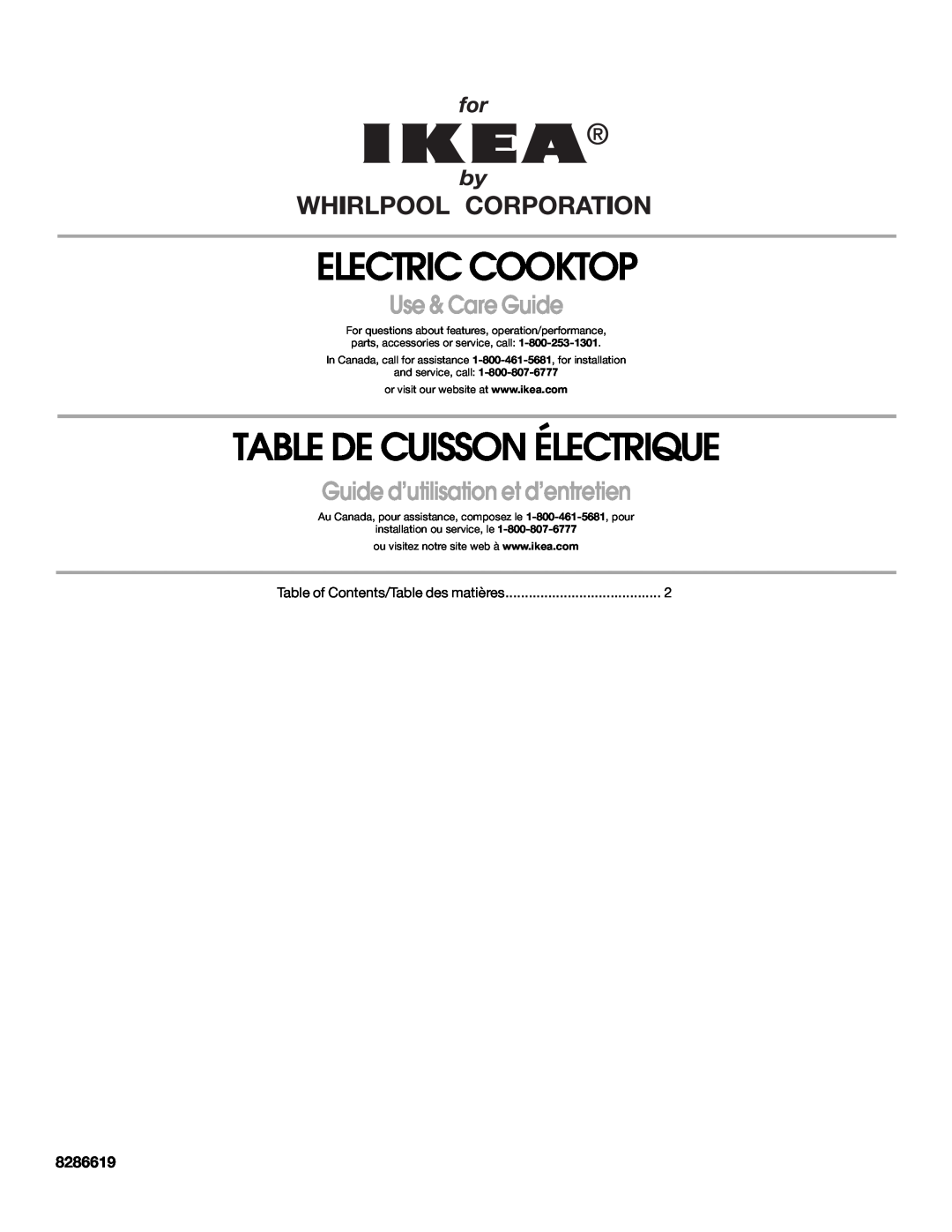Whirlpool 8286619 manual Electric Cooktop, Table De Cuisson Électrique, Use & Care Guide 