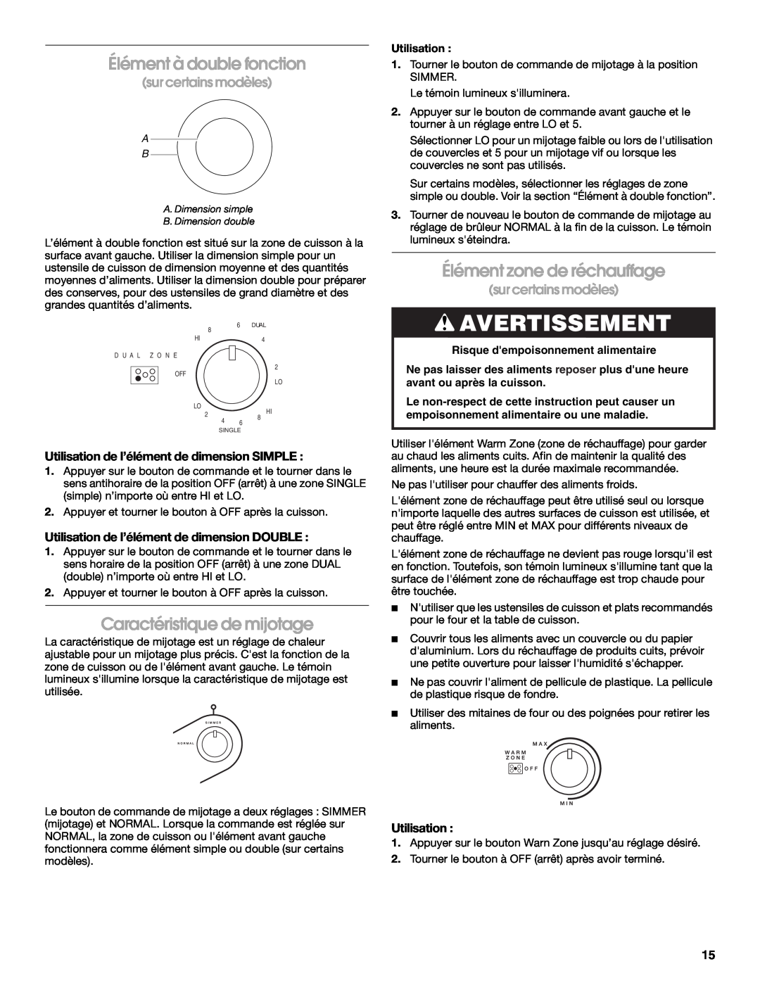 Whirlpool 8286619 manual Élément à double fonction, Élément zone de réchauffage, Caractéristique de mijotage, Avertissement 