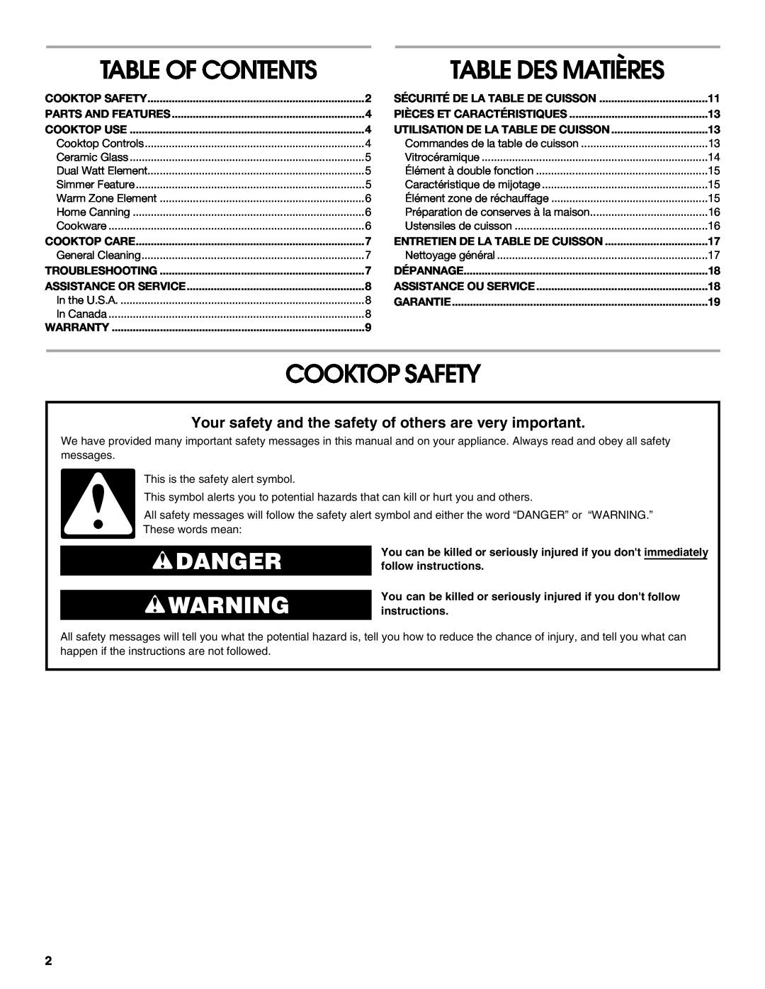 Whirlpool 8286619 manual Table Of Contents, Table Des Matières, Cooktop Safety, Danger 