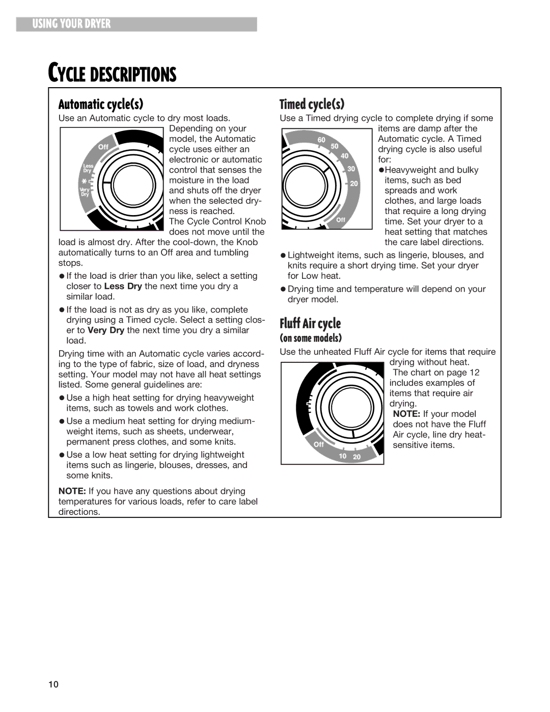 Whirlpool 8299699 warranty Automatic cycles, Timed cycles, Fluff Air cycle 