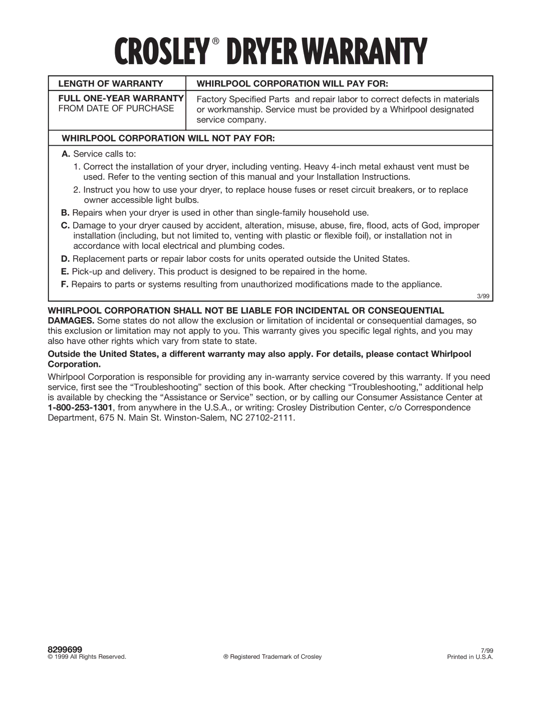 Whirlpool 8299699 warranty Crosley Dryer Warranty 