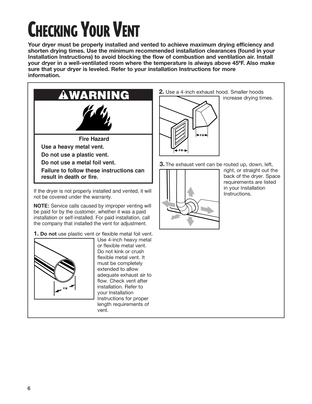 Whirlpool 8299699 warranty Checking Your Vent, Wwarning 