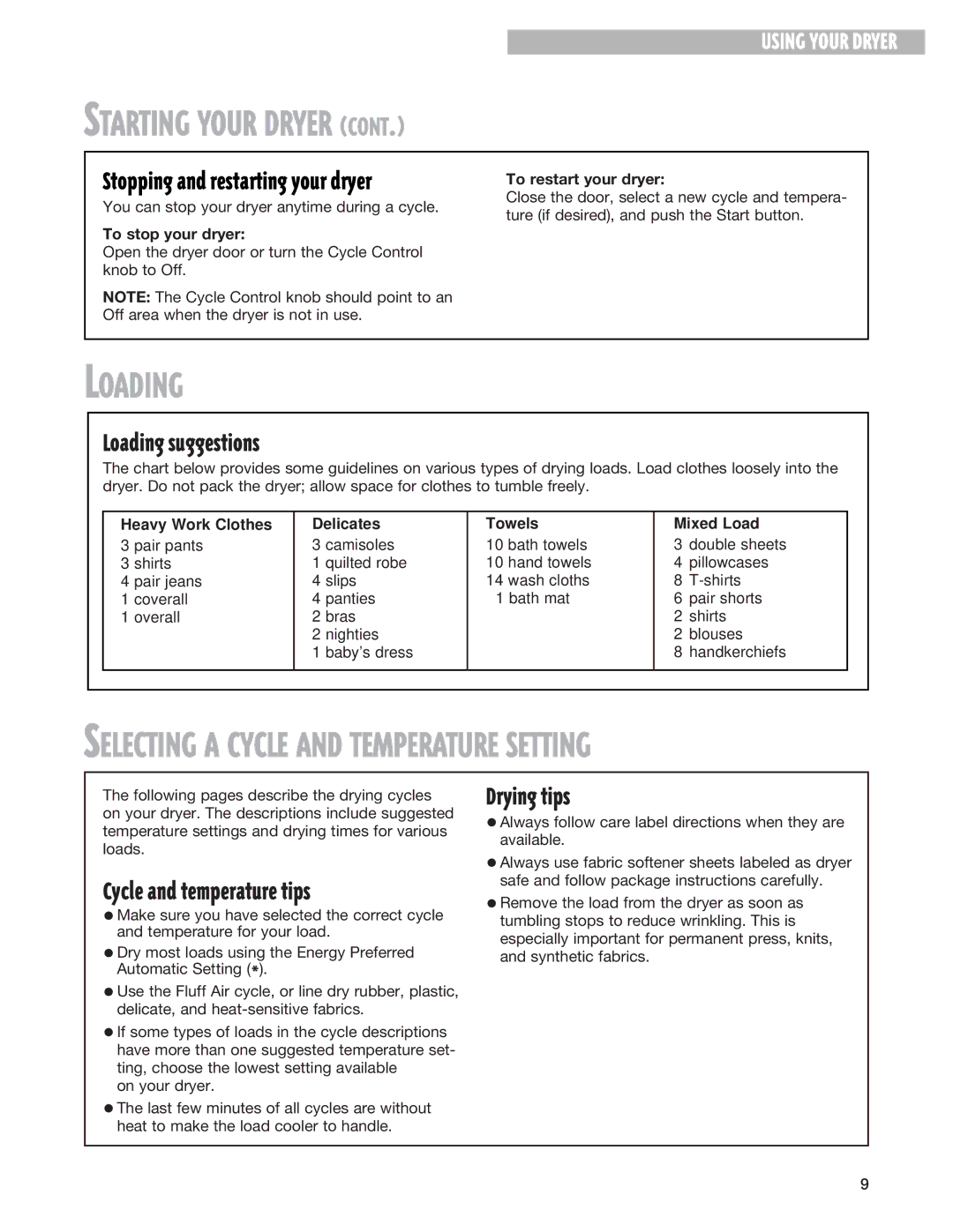 Whirlpool 8299699 warranty Loading suggestions, Drying tips, Cycle and temperature tips 