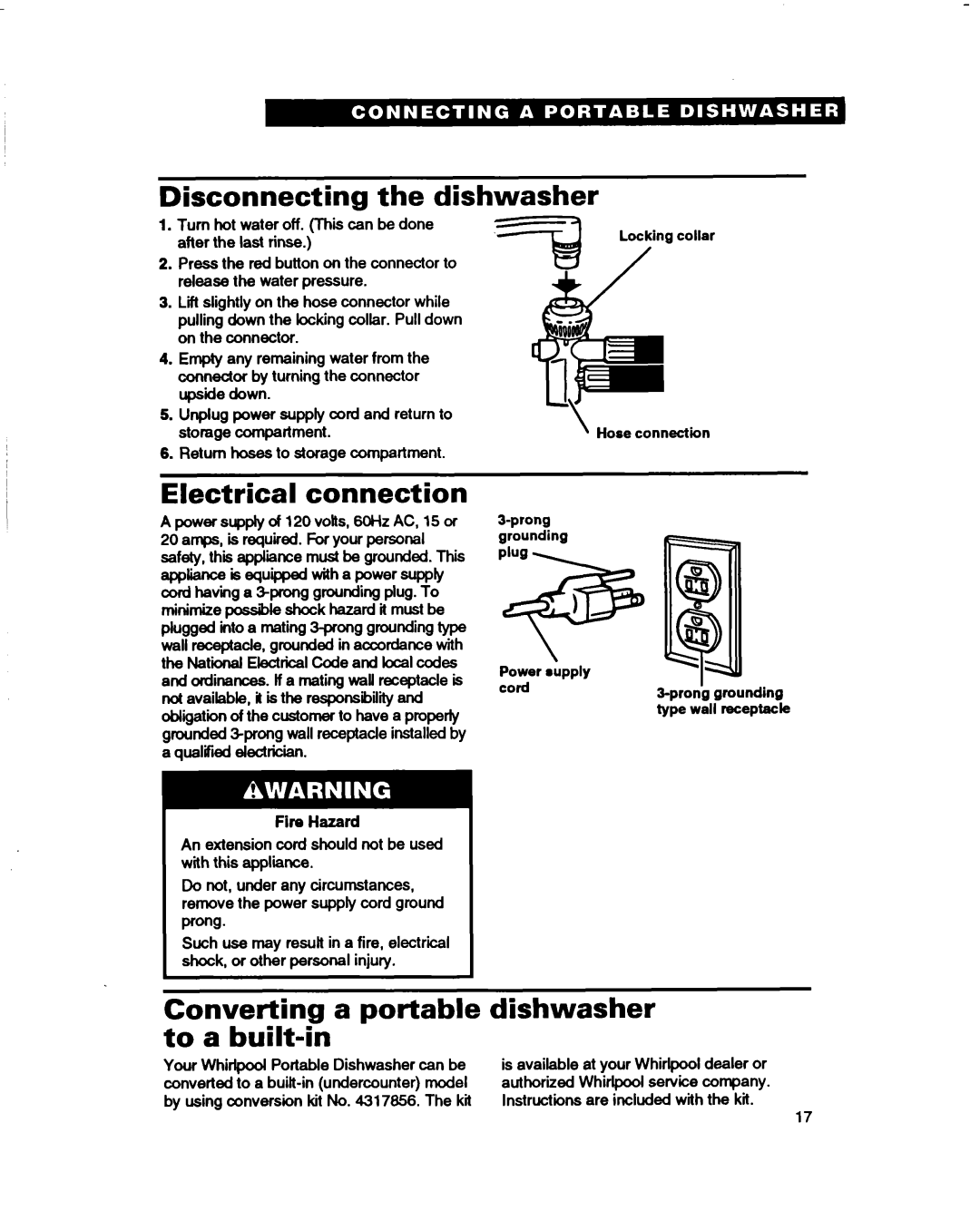 Whirlpool 400 Series Disconnecting the dishwasher, Electrical connection, Converting a portable dishwasher to a built-in 