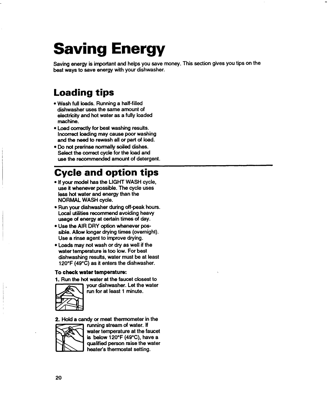 Whirlpool 400 Series, 830 Series, 800 Series Saving Energy, Loading tips, Cycle and option tips, To check water temperature 