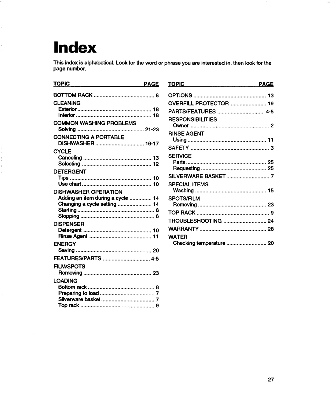 Whirlpool 400 Series, 830 Series, 800 Series warranty Index 