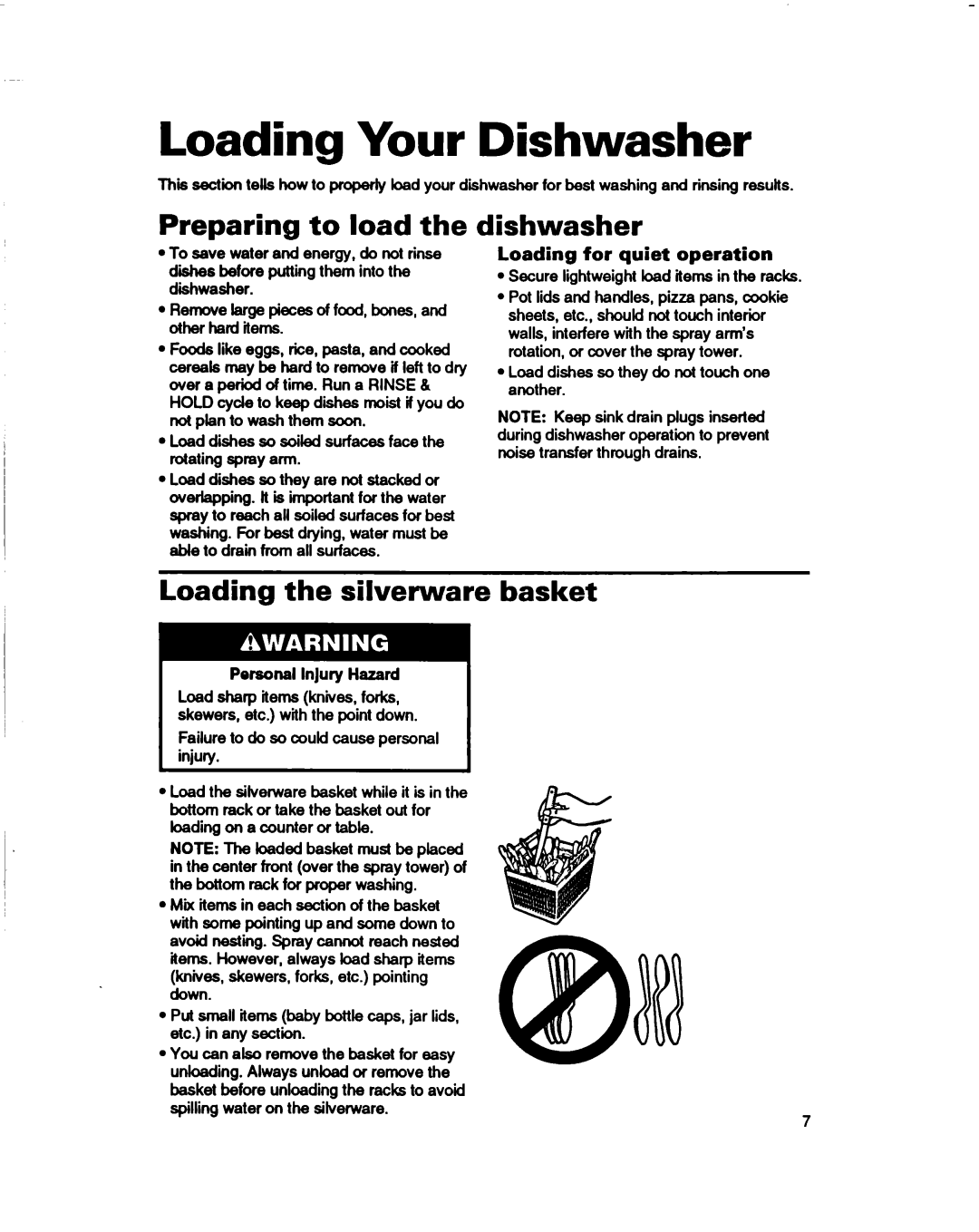 Whirlpool 800 Series, 830 Series, 400 Series Loading Your Dishwasher, Preparing to load, Loading the silverware basket 