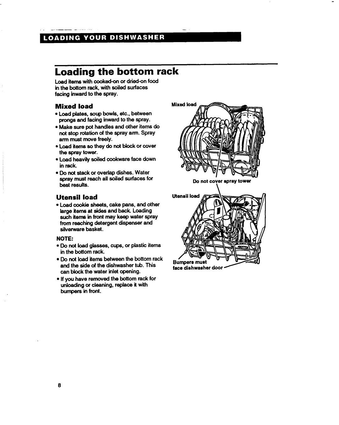 Whirlpool 400 Series, 830 Series, 800 Series warranty Loading the bottom rack, Mixed load, Utensil load 