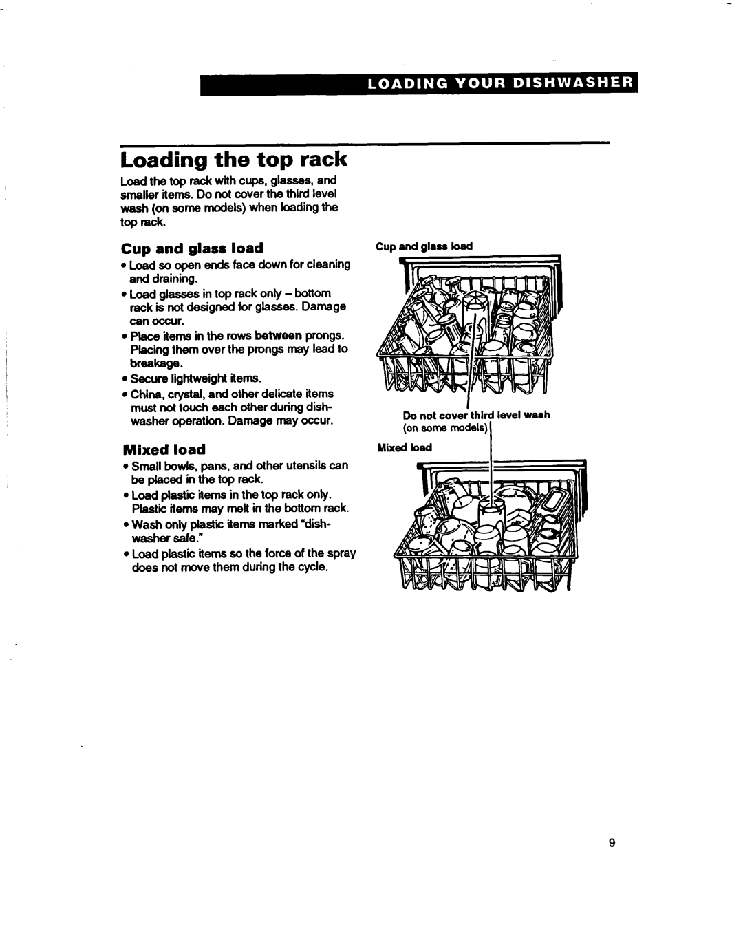 Whirlpool 830 Series, 800 Series, 400 Series warranty Loading the top rack, Cup and glass load 