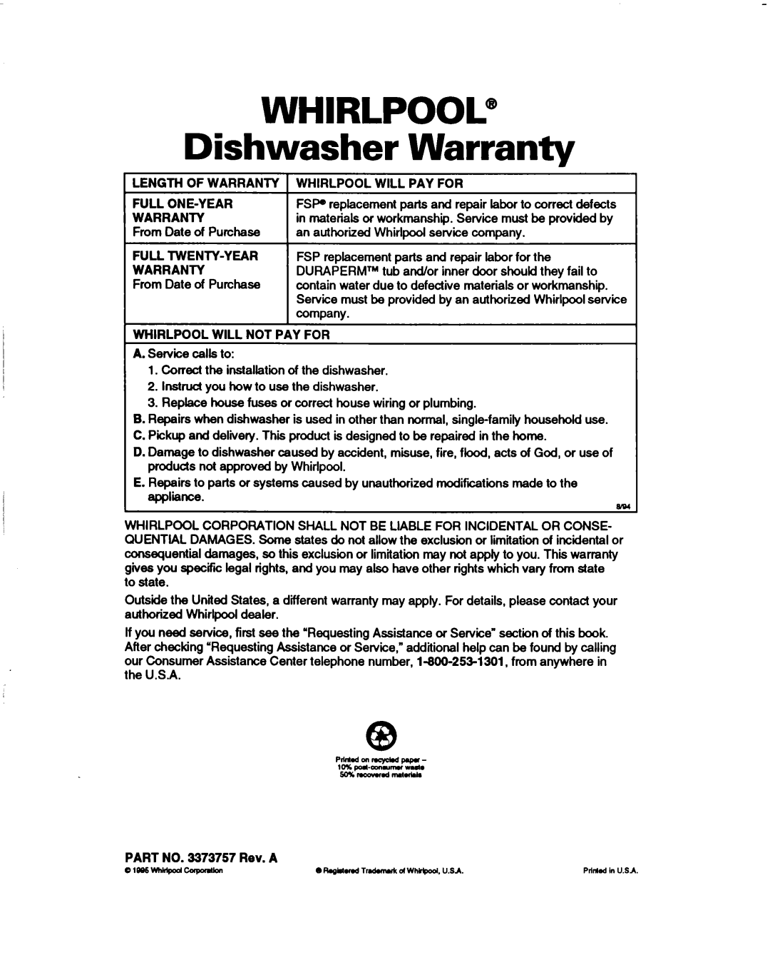 Whirlpool 830 Series, 800 Series, 400 Series warranty Whirlpool@, Warranty, Dishwasher 