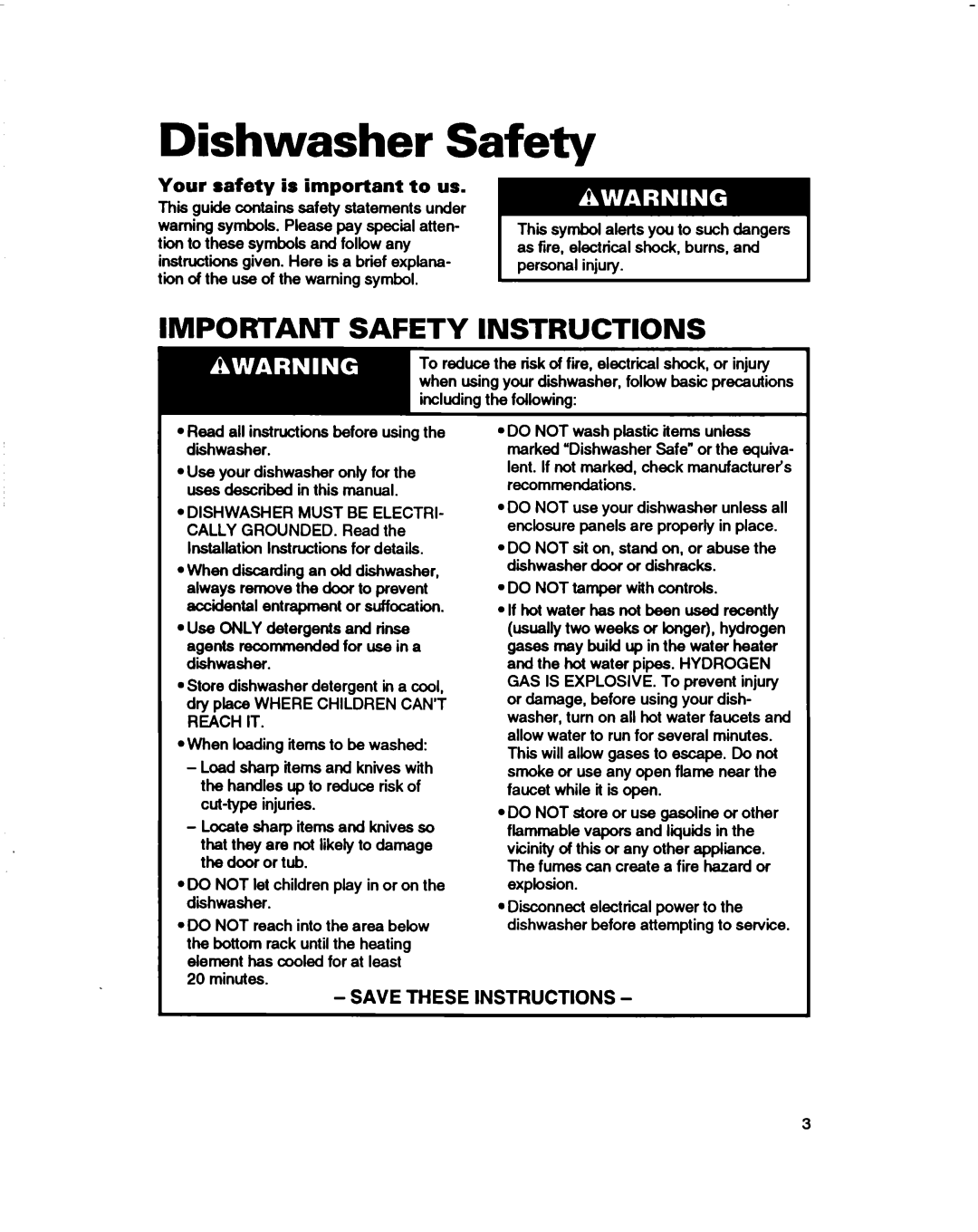 Whirlpool 830 Series, 800 Series, 400 Series warranty Dishwasher Safety, Important Safety Instructions 