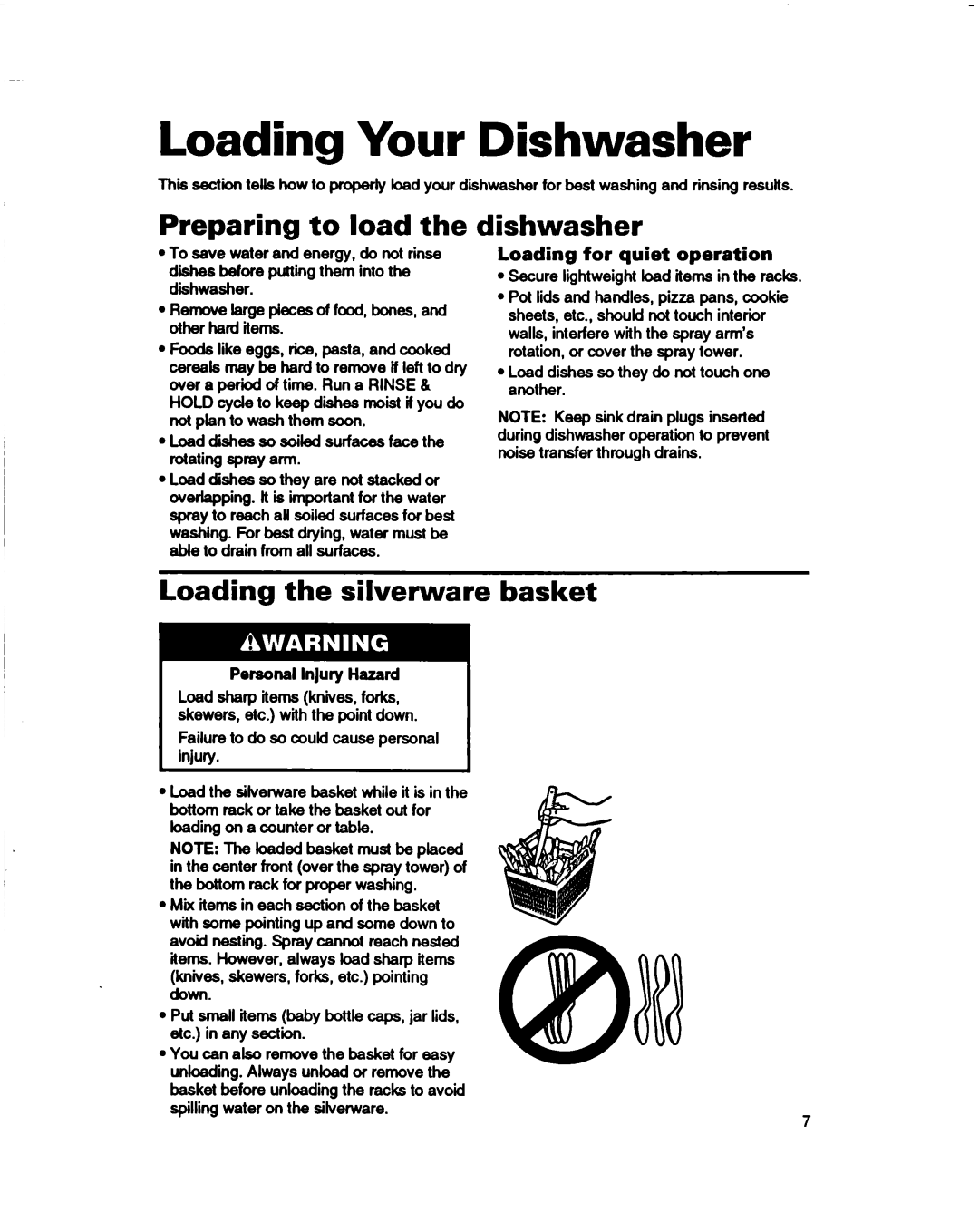 Whirlpool 800 Series, 830 Series Loading Your Dishwasher, Preparing to load the, dishwasher, Loading the silverware basket 