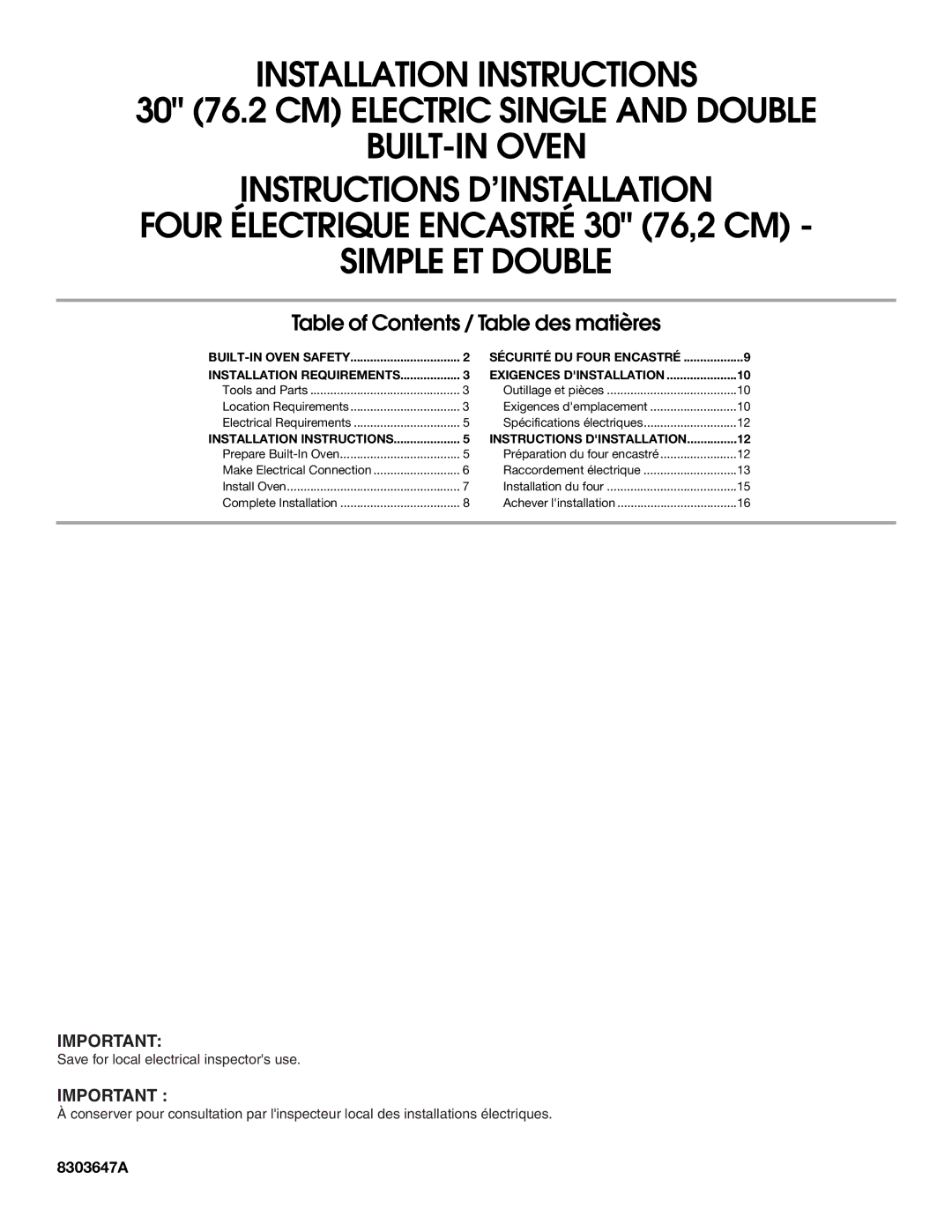 Whirlpool 8303647A installation instructions Table of Contents / Table des matières 