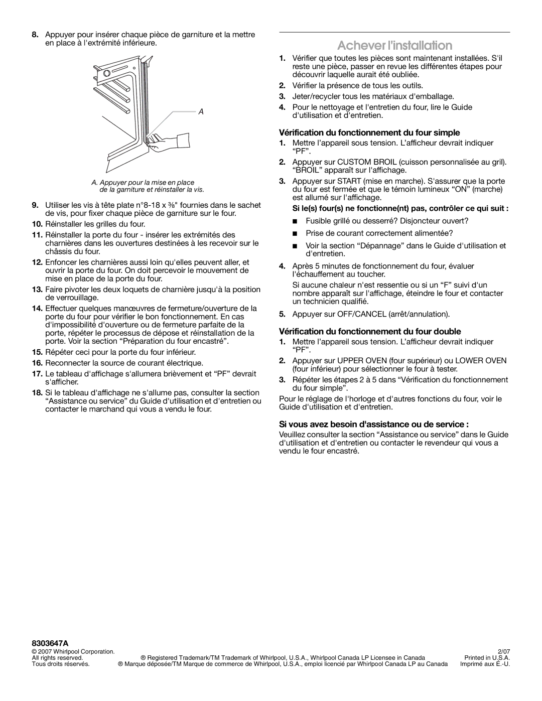 Whirlpool 8303647A installation instructions Achever linstallation, Vérification du fonctionnement du four simple 