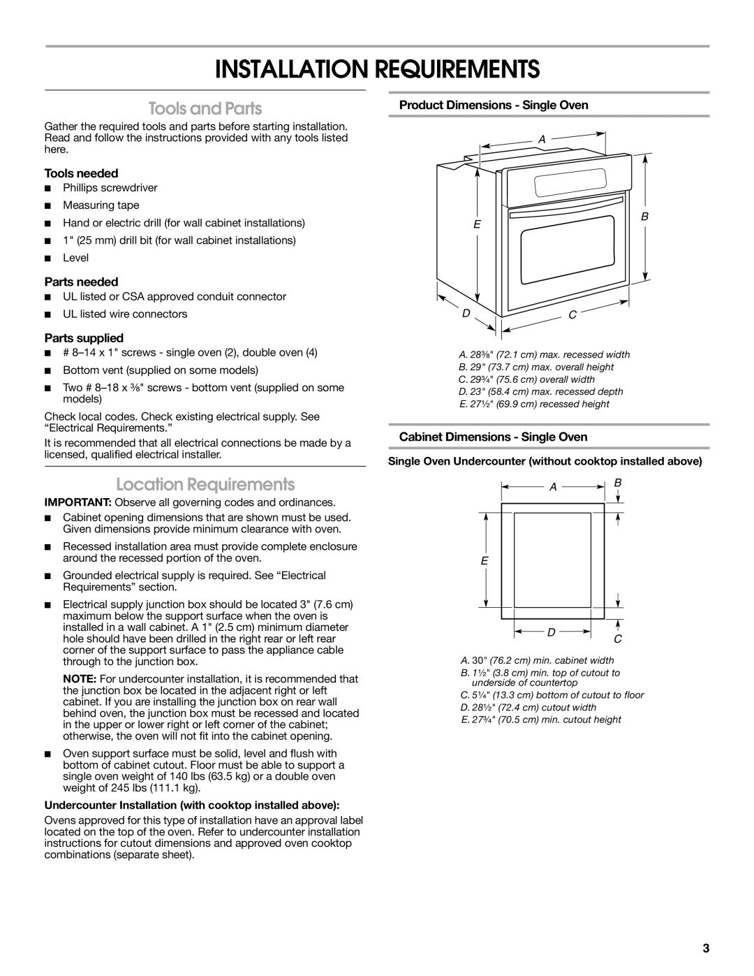 Whirlpool 8303647A installation instructions Installation Requirements, Tools and Parts, Location Requirements 