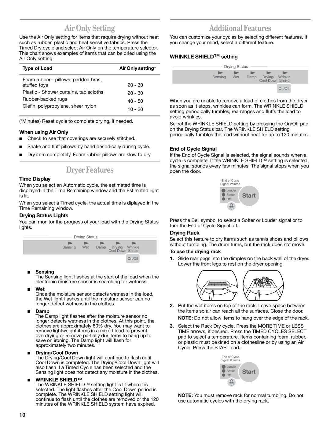 Whirlpool 8314828A manual Air Only Setting, Dryer Features, Additional Features 