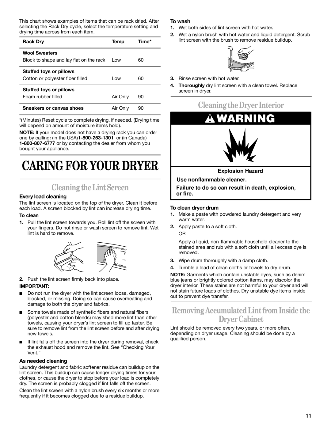 Whirlpool 8314828A manual Cleaning the LintScreen, Cleaning the Dryer Interior, Dryer Cabinet 