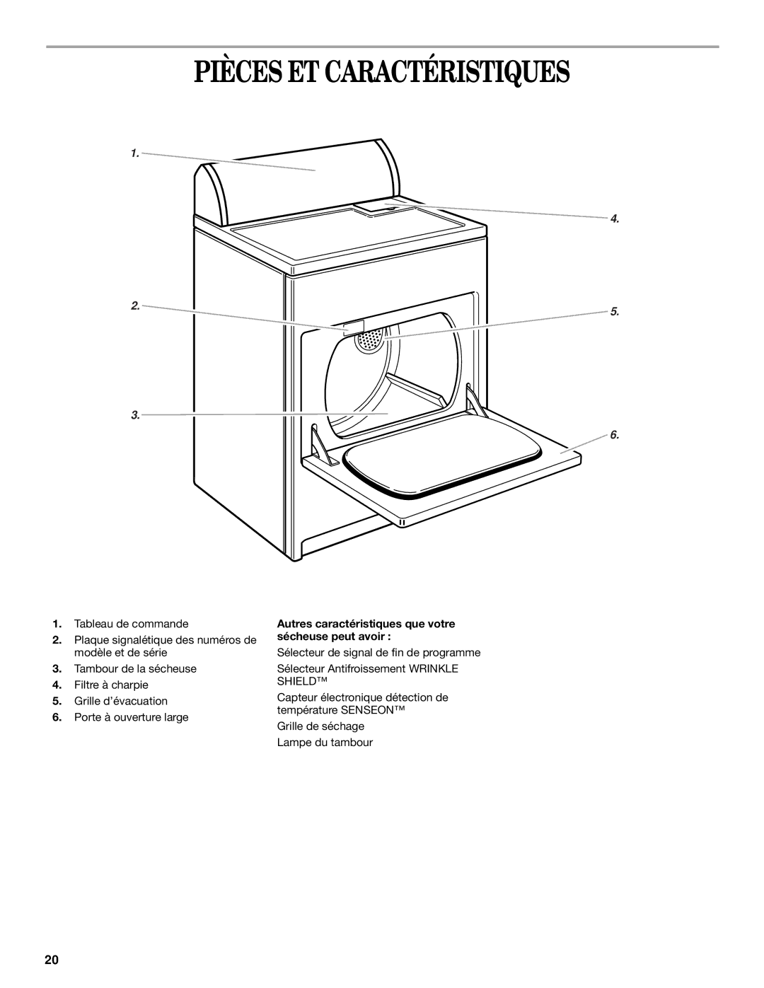 Whirlpool 8314828A manual Pièces ET Caractéristiques, Autres caractéristiques que votre sécheuse peut avoir 