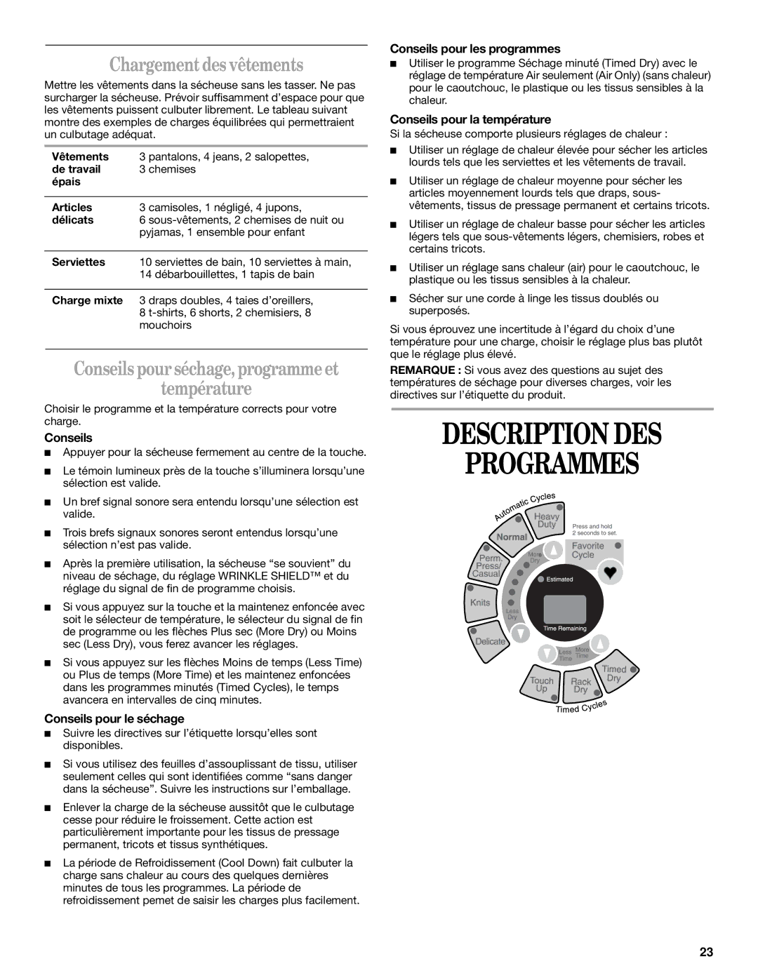 Whirlpool 8314828A Description DES Programmes, Chargement des vêtements, Conseils pour séchage, programmeet Température 