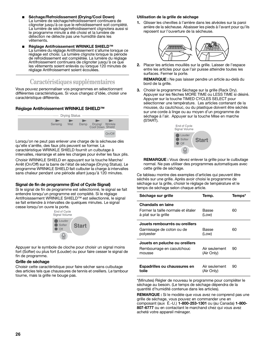 Whirlpool 8314828A manual Caractéristiques supplémentaires, Réglage Antifroissement Wrinkle Shield, Grille de séchage 