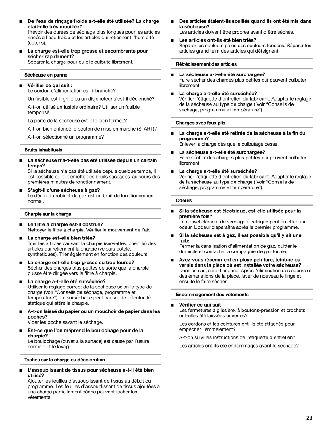 Whirlpool 8314828A Sécheuse en panne Vérifier ce qui suit, ’agit-il d’une sécheuse à gaz?, La charge est-elle bien triée? 