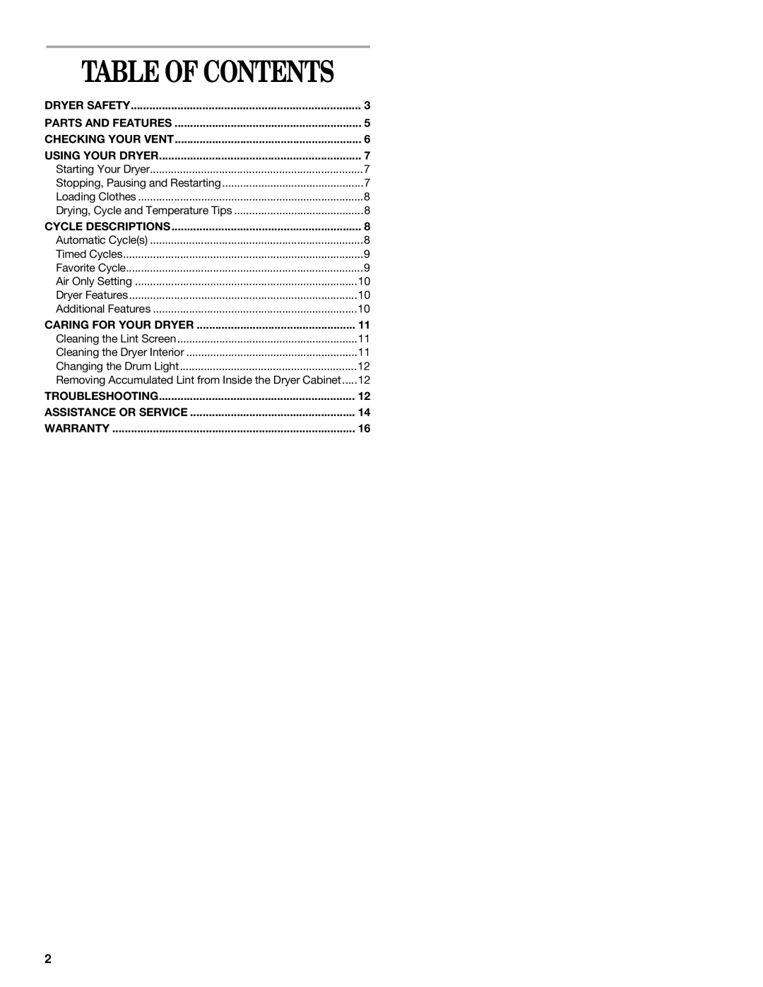 Whirlpool 8314840B manual Table of Contents 