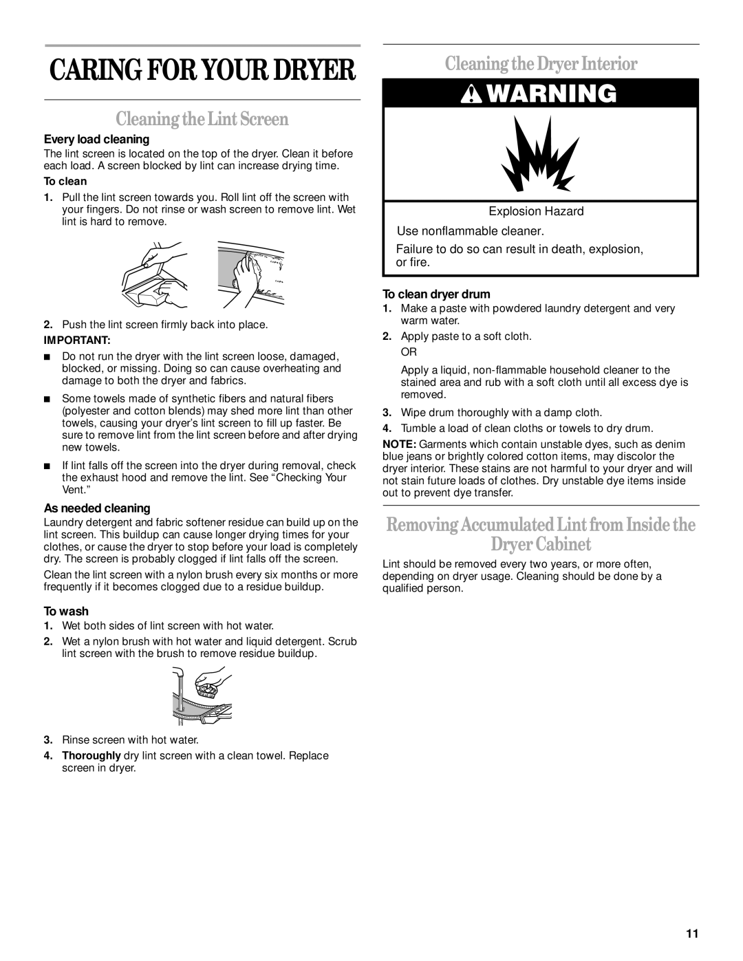 Whirlpool 8314841B manual Cleaning the Lint Screen, Cleaningthe Dryer Interior, Dryer Cabinet 