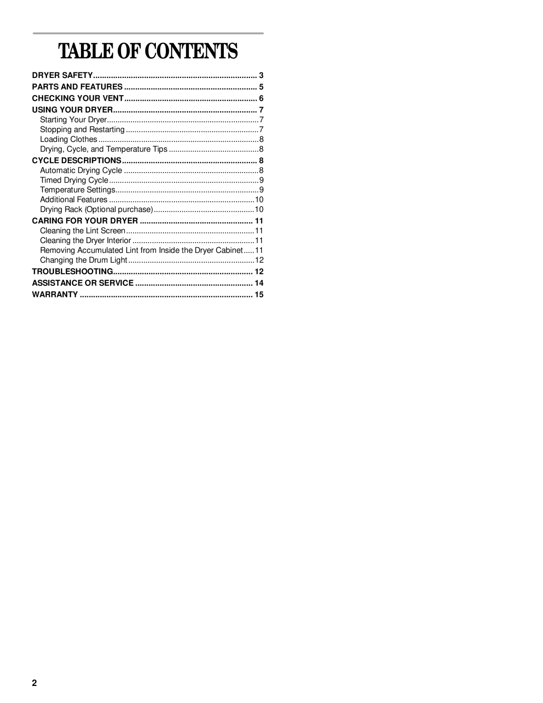 Whirlpool 8314841B manual Table of Contents 