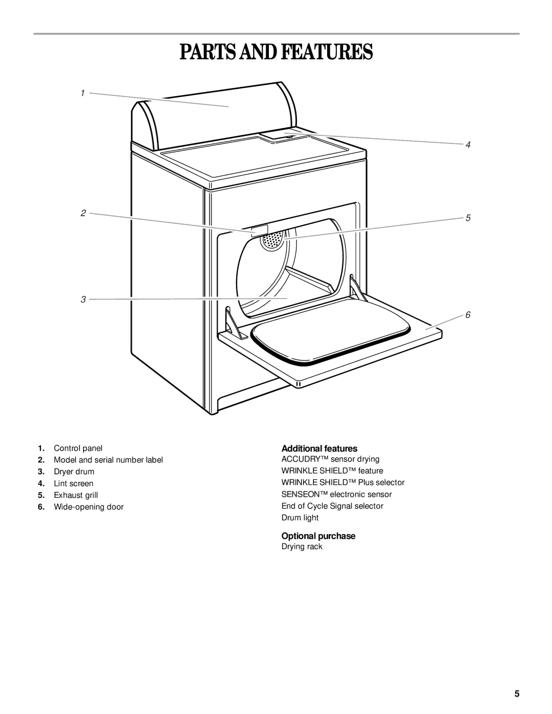 Whirlpool 8314841B manual Parts and Features, Additional features, Optional purchase 