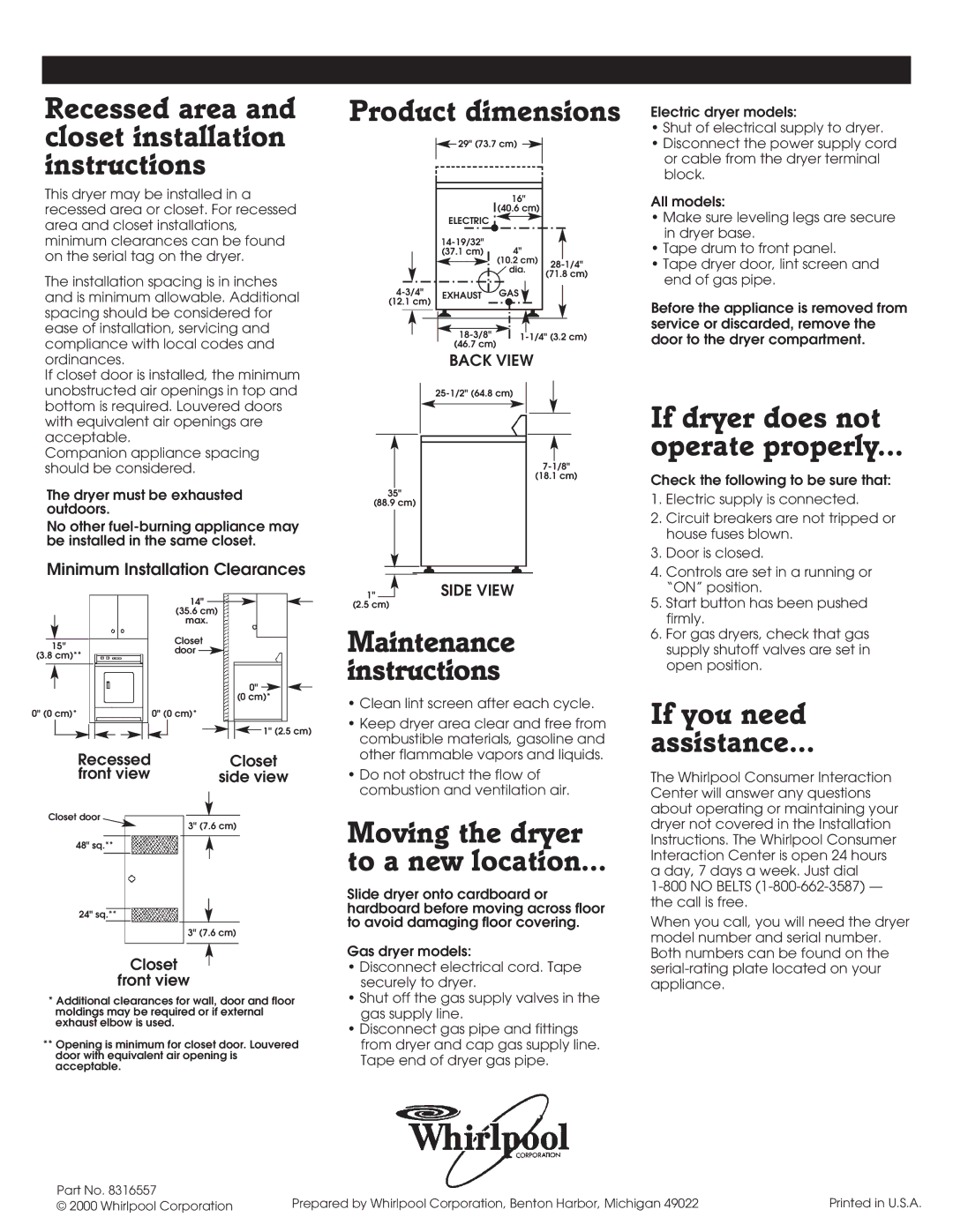 Whirlpool 8316557 Recessed area and closet installation instructions, Side View 