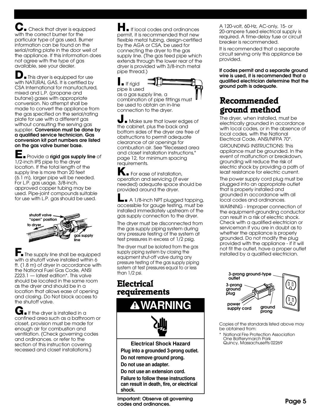 Whirlpool 8316557 installation instructions Electrical requirements, Recommended ground method 