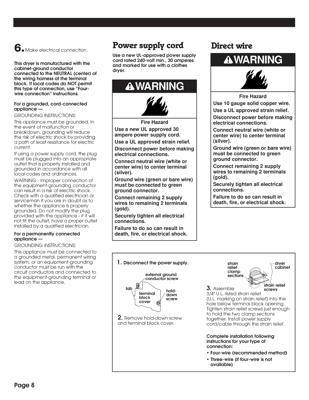 Whirlpool 8316557 installation instructions Power supply cord, Direct wire, Grounding Instructions 