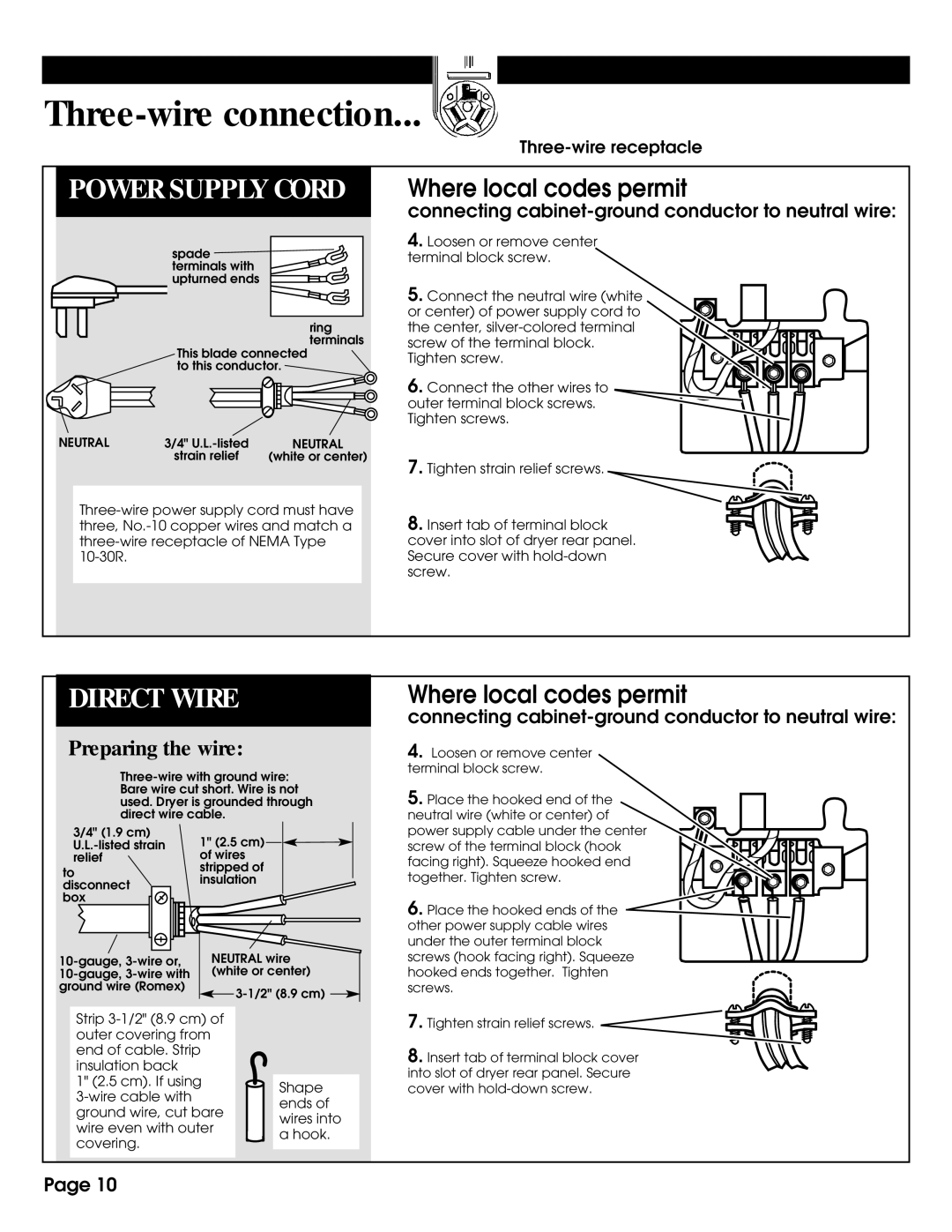 Whirlpool 8316558 installation instructions Three-wire connection 