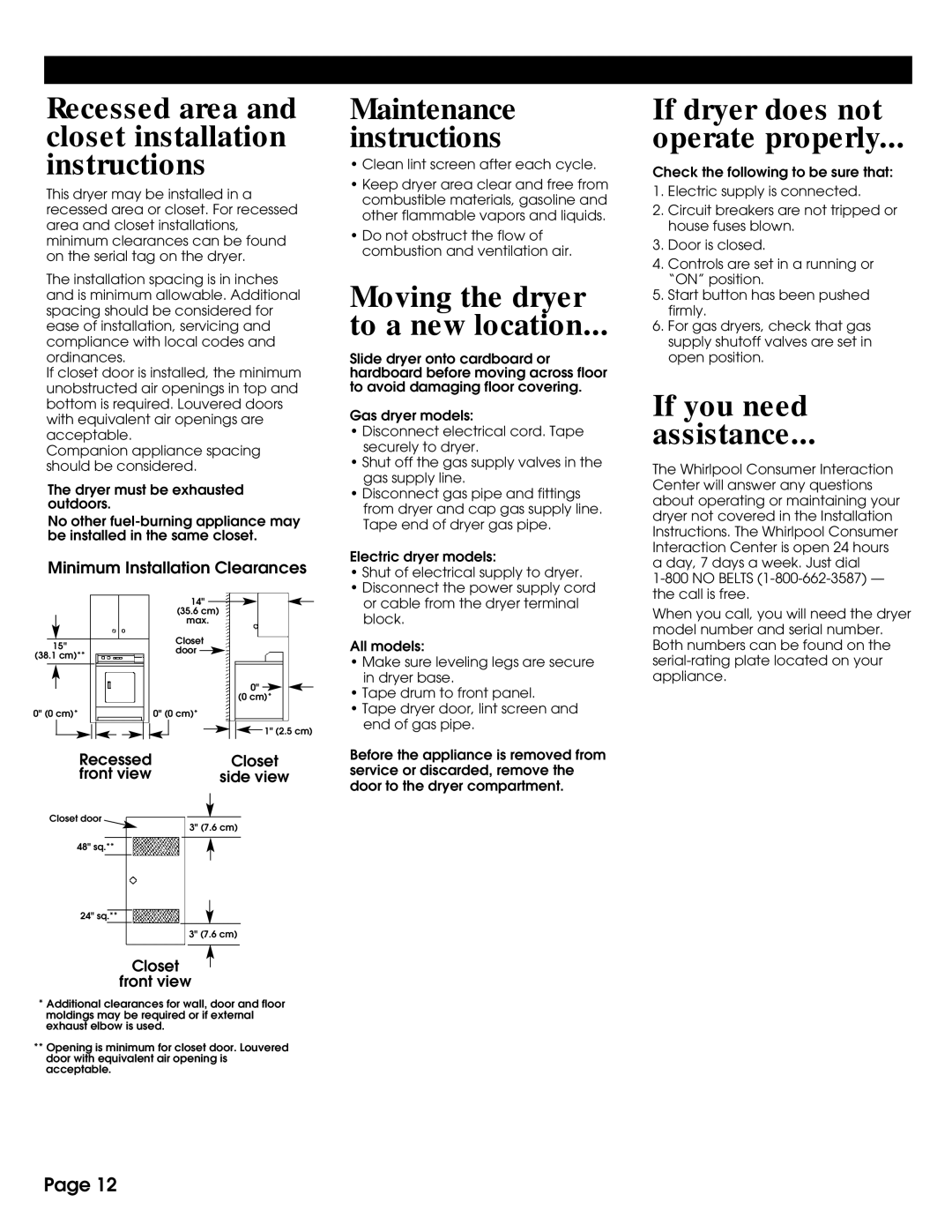 Whirlpool 8316558 Recessed area and closet installation instructions 